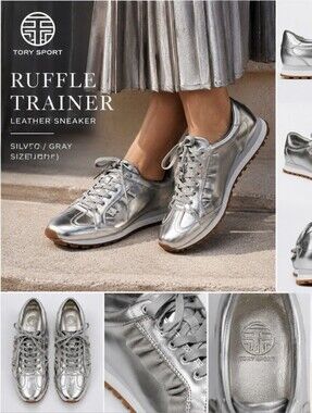 Tory Burch Sport Metallic Silver Ruffle Trainer Sneakers Size 7.5